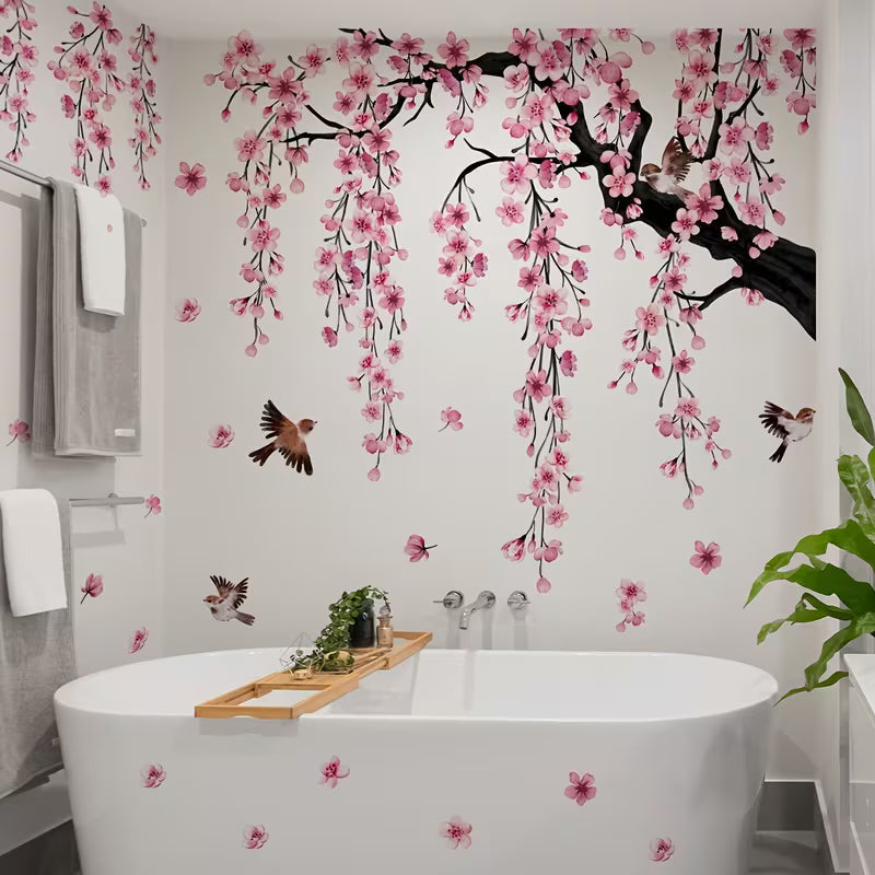 A Set of 4 - Creative Pink Peach Blossom Tree - Bird Falling Flower Bathtub Stickers