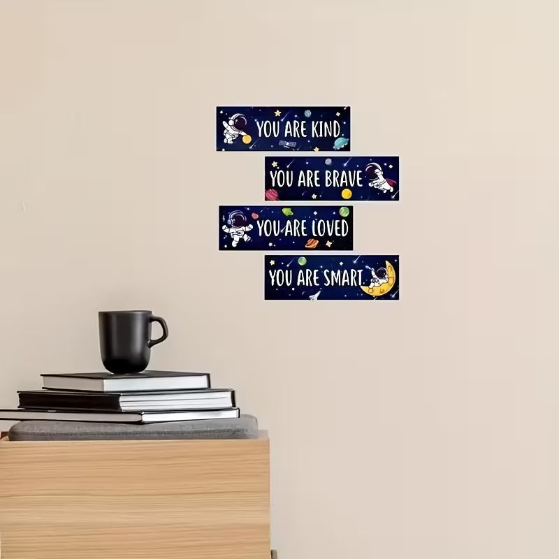 4 Inspirational Wooden Wall Signs - Motivational Quotes and Little Astronauts - for Bedroom