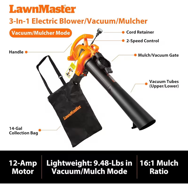 Lawnmaster BV1210 Electric Corded Leaf Blower Vacuum, Metal
