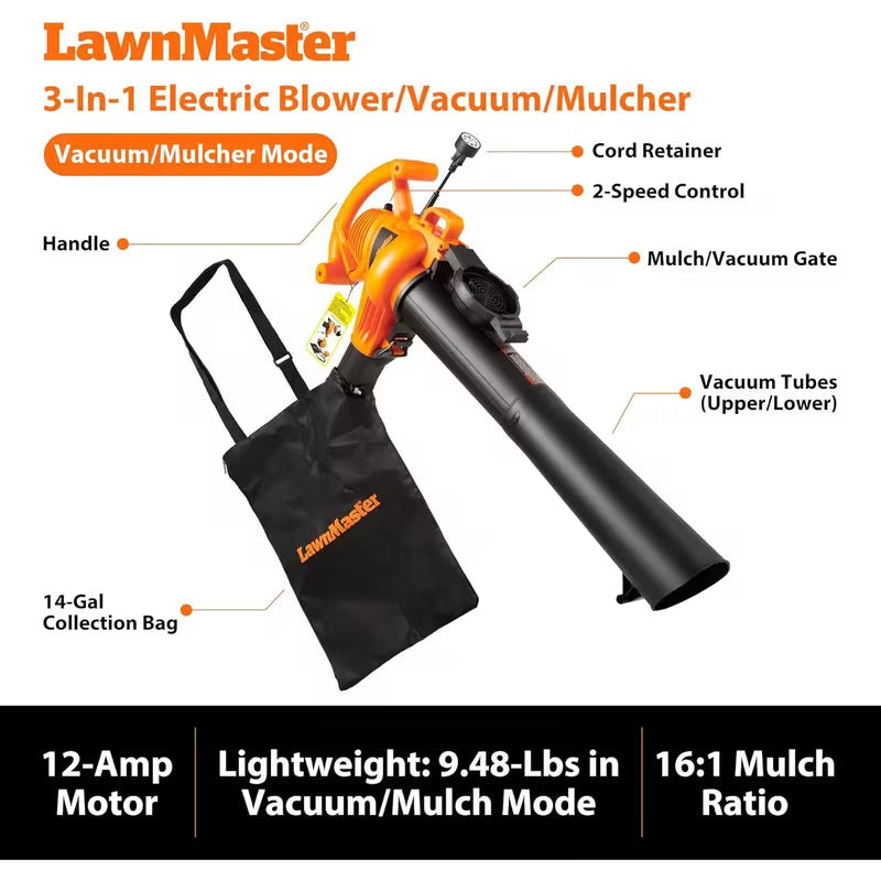 Lawnmaster BV1210 Electric Corded Leaf Blower Vacuum & Mulcher - Powerful 12 Amp 2-Speed Motor