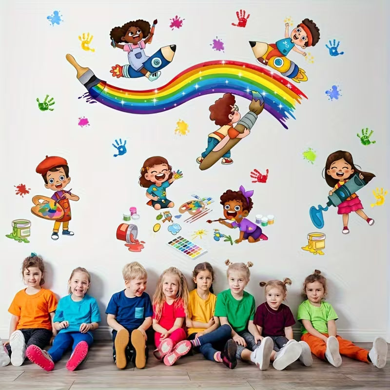 Cartoon Doodle Painting Palm Print Rainbow Wall Sticker Kids Room Kindergarten Classroom Bedroom