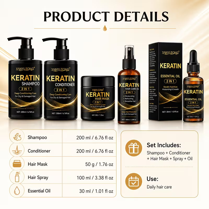 This 2-In-1 Keratin Shampoo And Conditioner 5pcs Set Focuses on Oil Control, Deep Cleansing