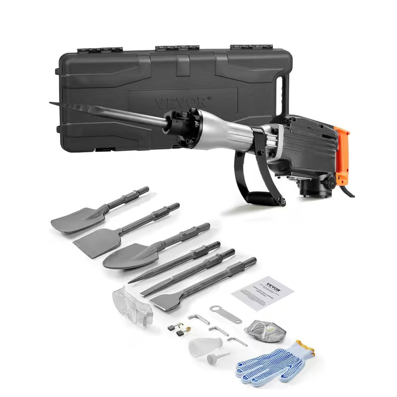 VEVOR Demolition Jack Hammer, 1350 BPM Concrete Breaker 6pcs Chisels Bit Chipping with Case