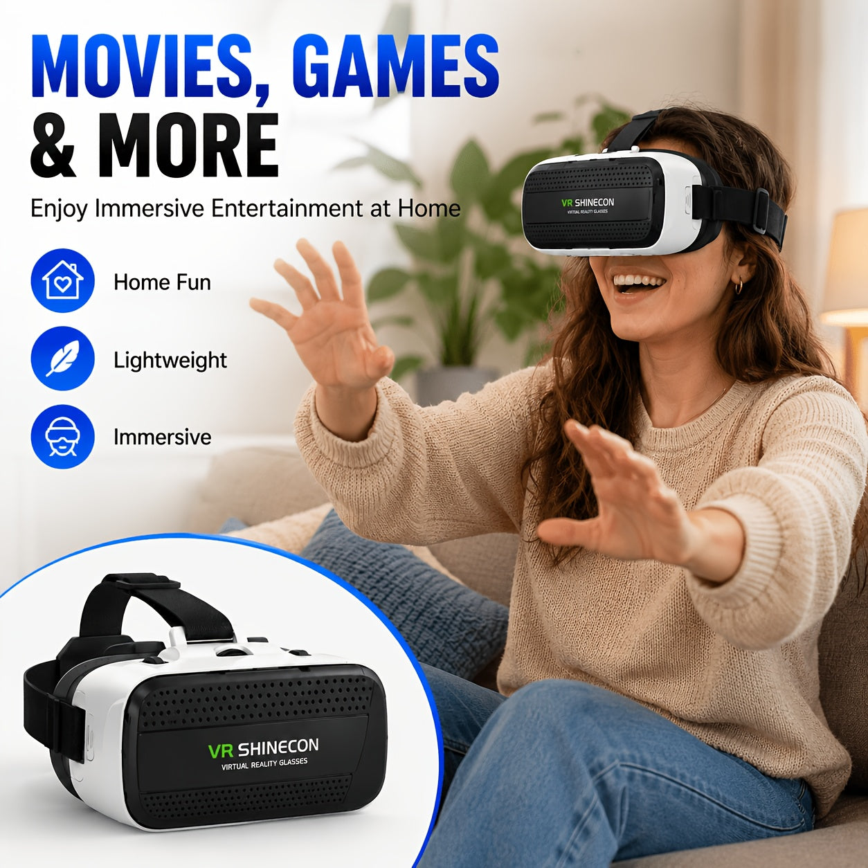 Latest VR Headset, 3D Virtual Reality Glasses, 360° Panoramic Large, Blue