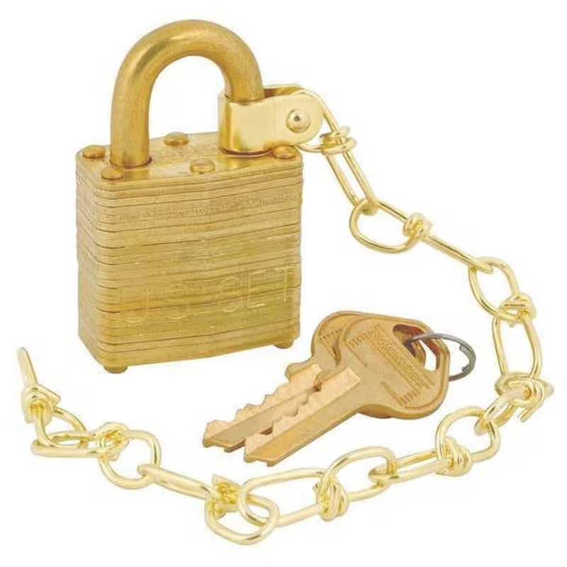 Padlocks, Keyed Alike, Standard Shackle, Rectangular Steel Body, Brass Shackle, 5 PK