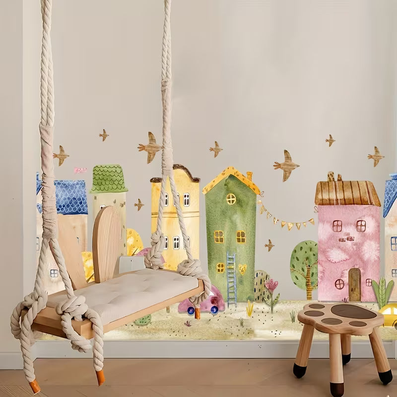 1pc Hand-Painted Tale Town Wall Sticker, Cozy Building Scenery Stickers for Room Baseboard
