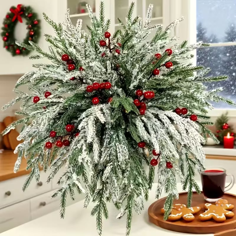 33 Realistic Norfolk Pine Branches with Red Berry Snowflakes