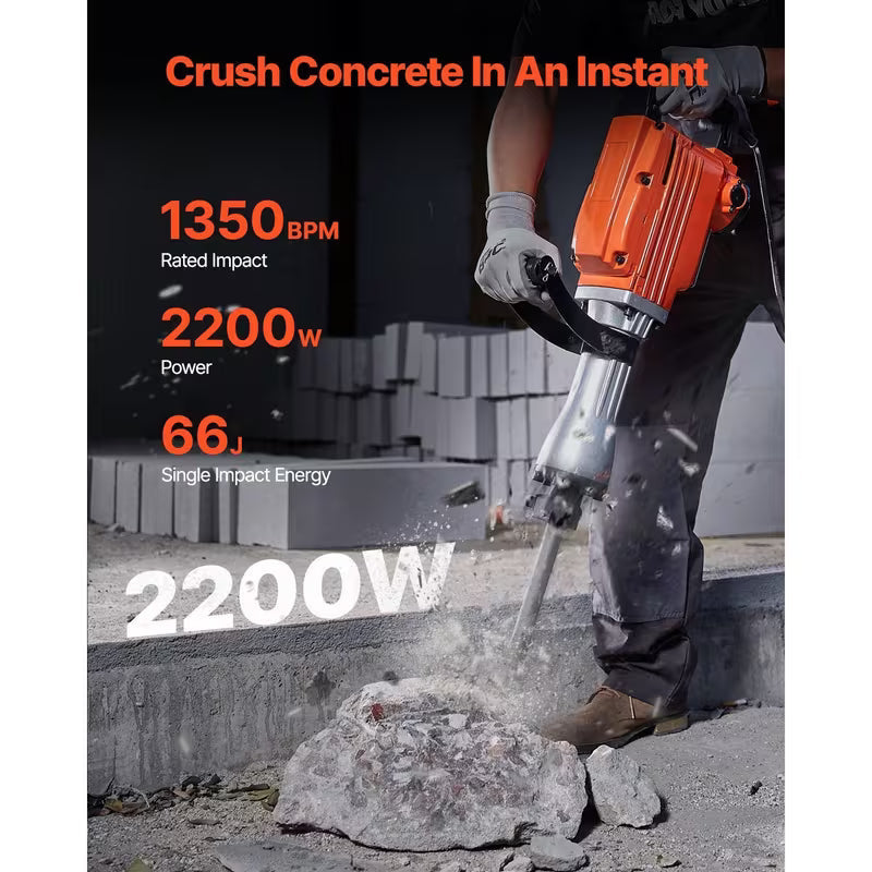 VEVOR Demolition Jack Hammer, 2200W Electric Jackhammer Heavy Duty, 1350 BPM Concrete Breaker