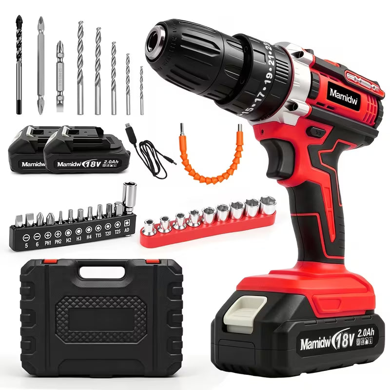 100N.M Industrial Cordless Drill Set, 3/8 Inch Keyless Chuck, 18+3 Adjustable Torque, LED Lighting
