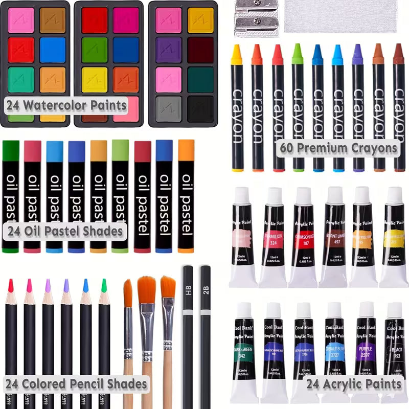175pcs Deluxe Art Set With 2 Drawing Pads, Crayons, Acrylic Paints, Colored Pencils Set