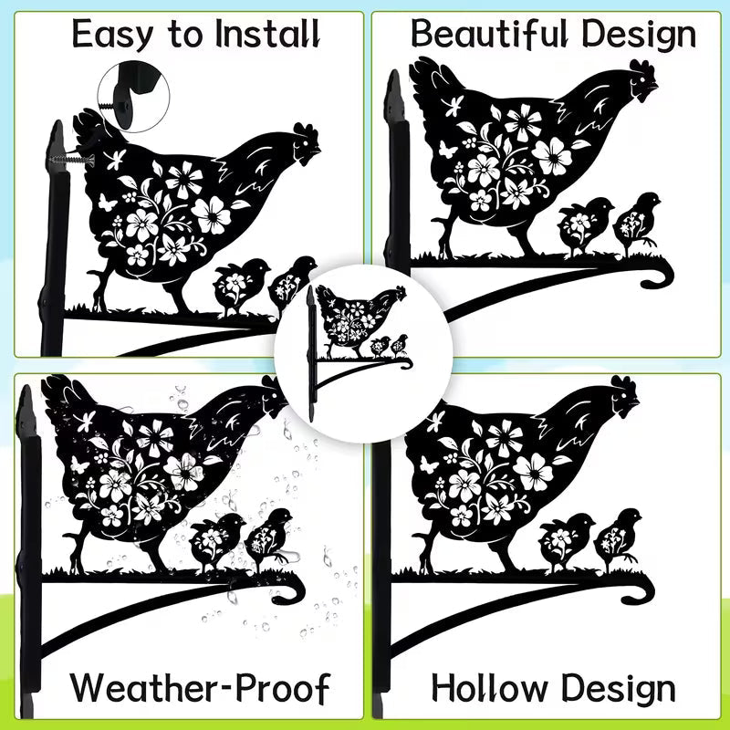 Wrought Iron Floral Hollow Hen And Chick Decorative Hanging Rack, Outdoor Garden Wall-Mounted