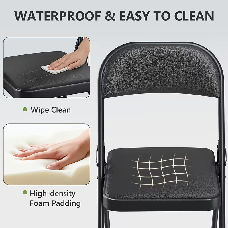 4 Pack Heavy-Duty Black Folding Chairs with Padded Seats - Portable Stackable Steel Frame