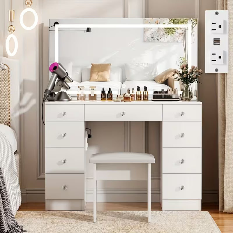 43" Makeup Vanity Desk Set Featuring a Power Outlet, Illuminated Mirror, Stool, And 9 Drawers