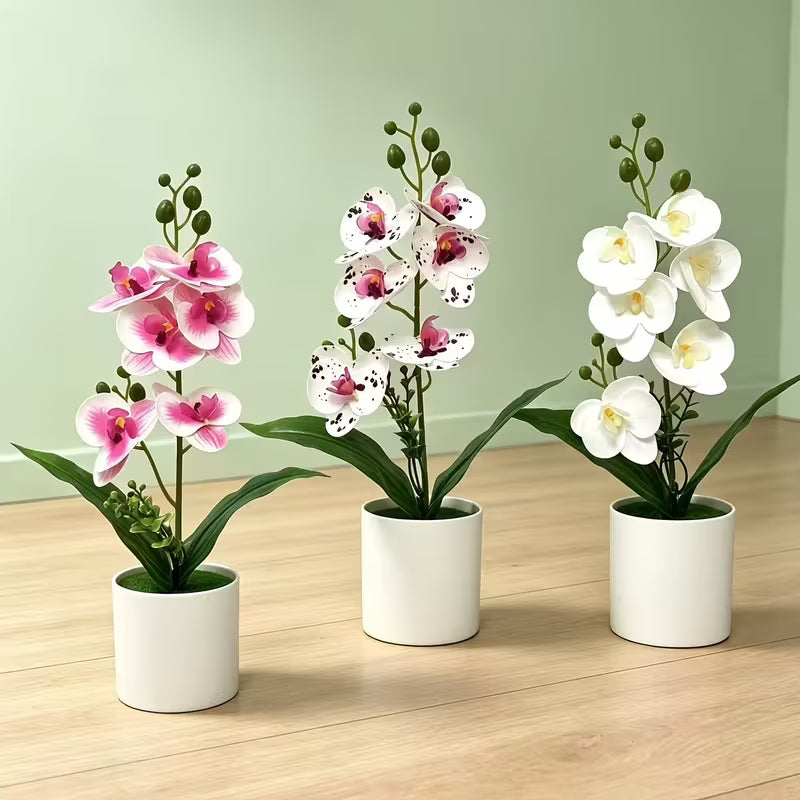 3pcs White Artificial Phalaenopsis Orchid Plant Set in White Pots - Realistic Fake Flowers