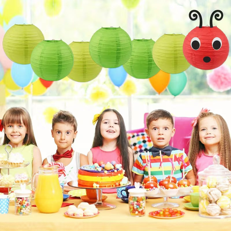 7pcs Caterpillar Paper Lanterns Red Green Paper Lanterns with Eyes Mouth for School Classroom