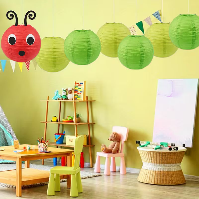 7pcs Caterpillar Paper Lanterns Red Green Paper Lanterns with Eyes Mouth for School Classroom