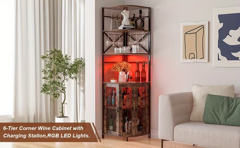 Industrial-Style Wine Cabinet Featuring a Power Outlet, Six Tiers, LED Lighting, And a Glass Holder