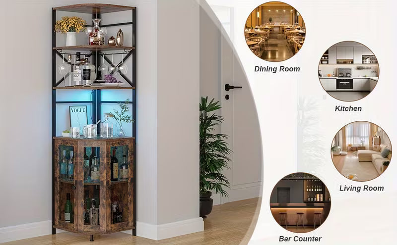 Industrial-Style Wine Cabinet Featuring a Power Outlet, Six Tiers, LED Lighting, And a Glass Holder