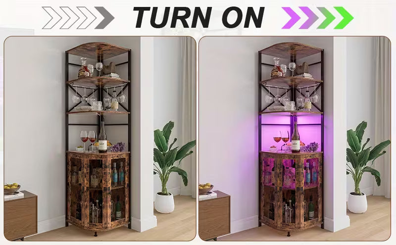 Industrial-Style Wine Cabinet Featuring a Power Outlet, Six Tiers, LED Lighting, And a Glass Holder