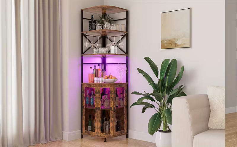 Industrial-Style Wine Cabinet Featuring a Power Outlet, Six Tiers, LED Lighting, And a Glass Holder