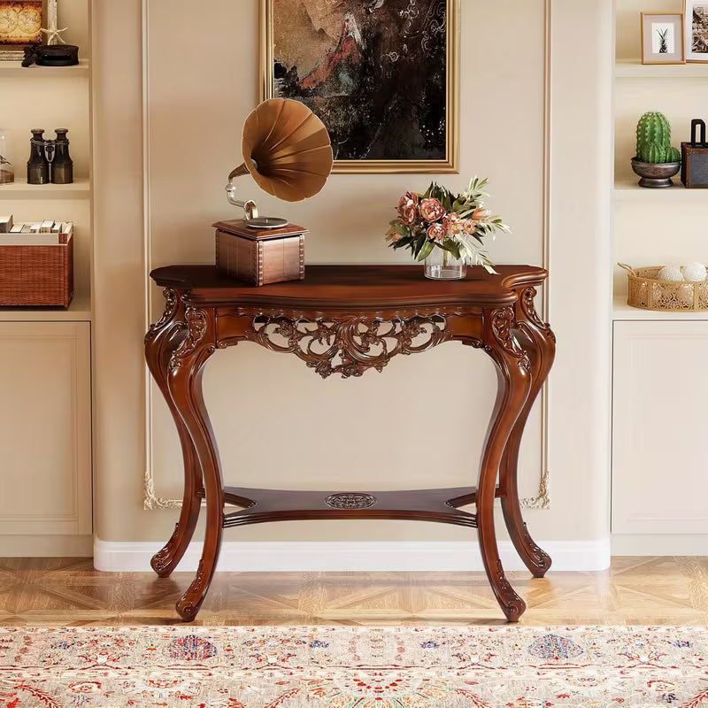 BYBLIGHT 38" Victorian Half Moon Console Table, Sofa End with Hollow Floral Apron and Cabriole