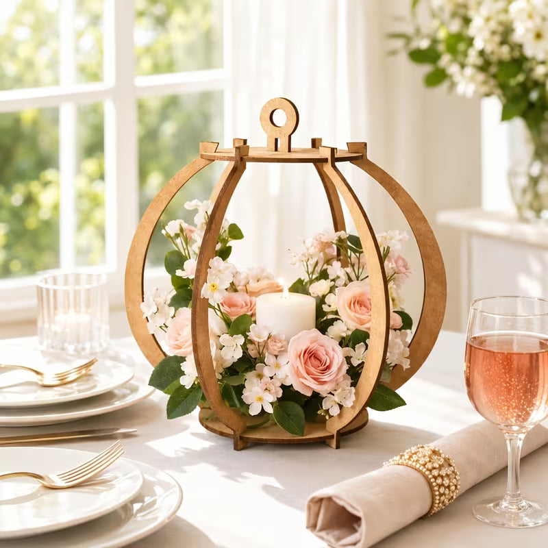 Vintage Laser-Cut Wooden Lantern Candle Holder with Gentle Pink Rose Artificial Floral Arrangement
