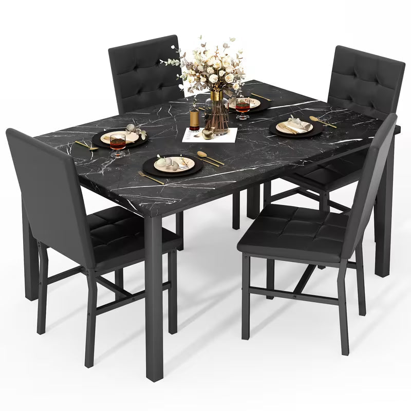 Modern 5pcs Faux Marble Dining Table Set with Upholstered PU Leather Chairs