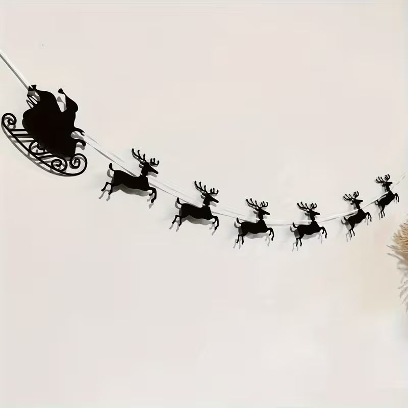 Black Felt Classic Christmas Reindeer & Santa Sleigh Garland
