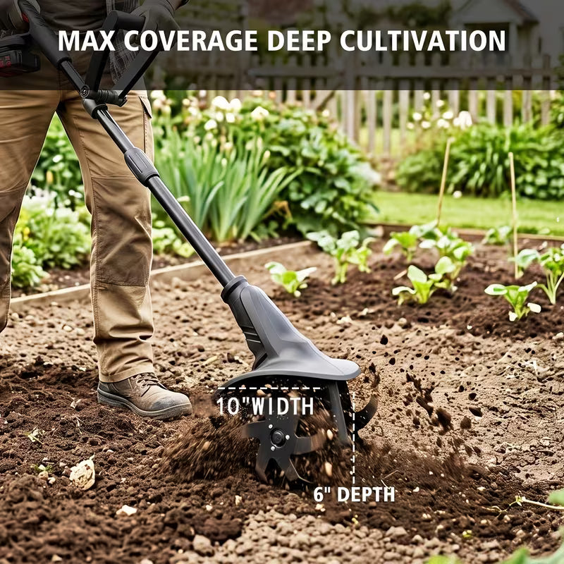 MZK 20V Cordless Tiller Cultivator with Steel Tines, 10-inch Wide Battery Powered Garden Cultivator