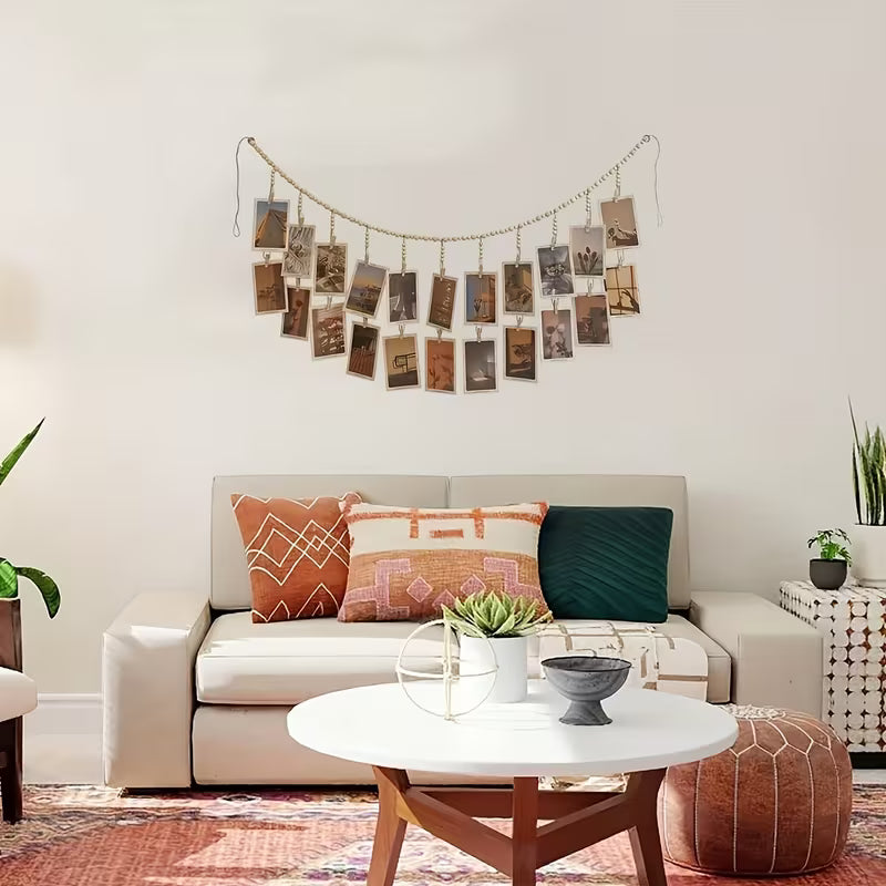 62.99inch Chic Bohemian Wall Hanging Garland Decoration Photo Frame Storage with 22 Clips Boho