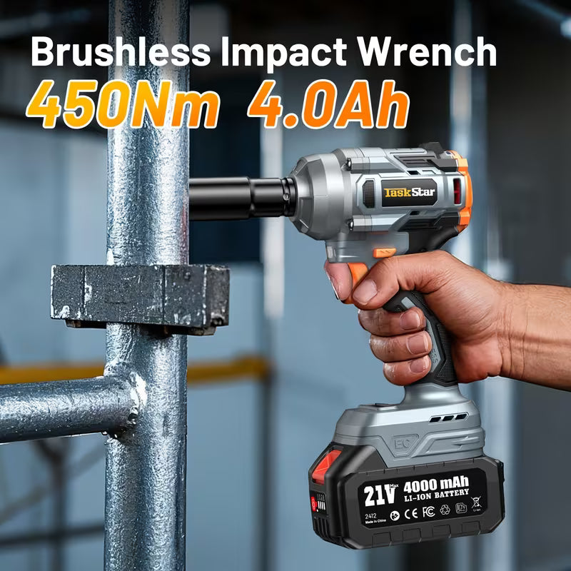 TaskStar 1/2" Brushless Impact Wrench, Power Impact Gun W/Max Torque 330Ft-lbs(450N.m)