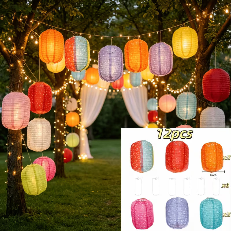 12pcs Floral Hollow-Out Long Paper Lantern Set, Including 6 Lanterns And 6 Lantern Bases