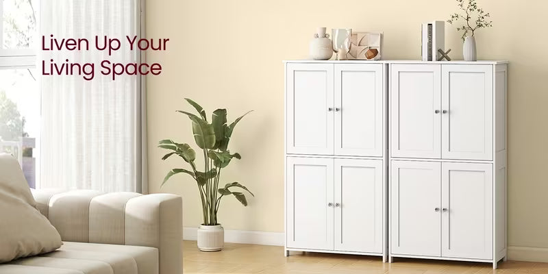 Floor Storage Cabinet, Shaker Style Cabinet with 2 Adjustable Shelves, 4 Doors