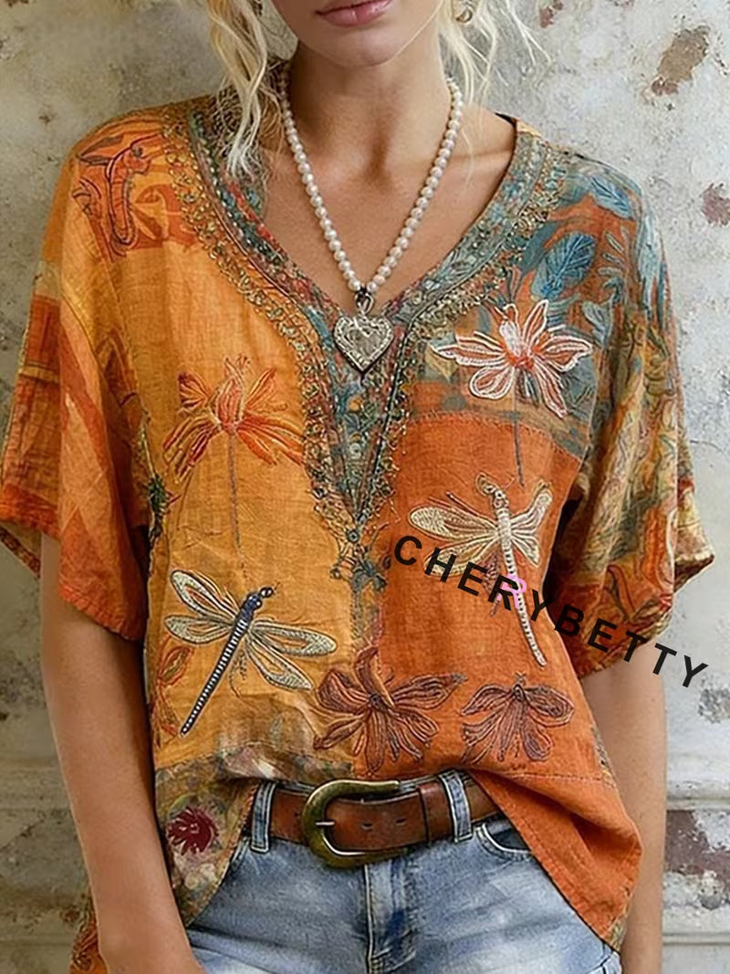 CHERRYBETTY Retro Orange Dragonfly and Floral Print V Neck Top for Women