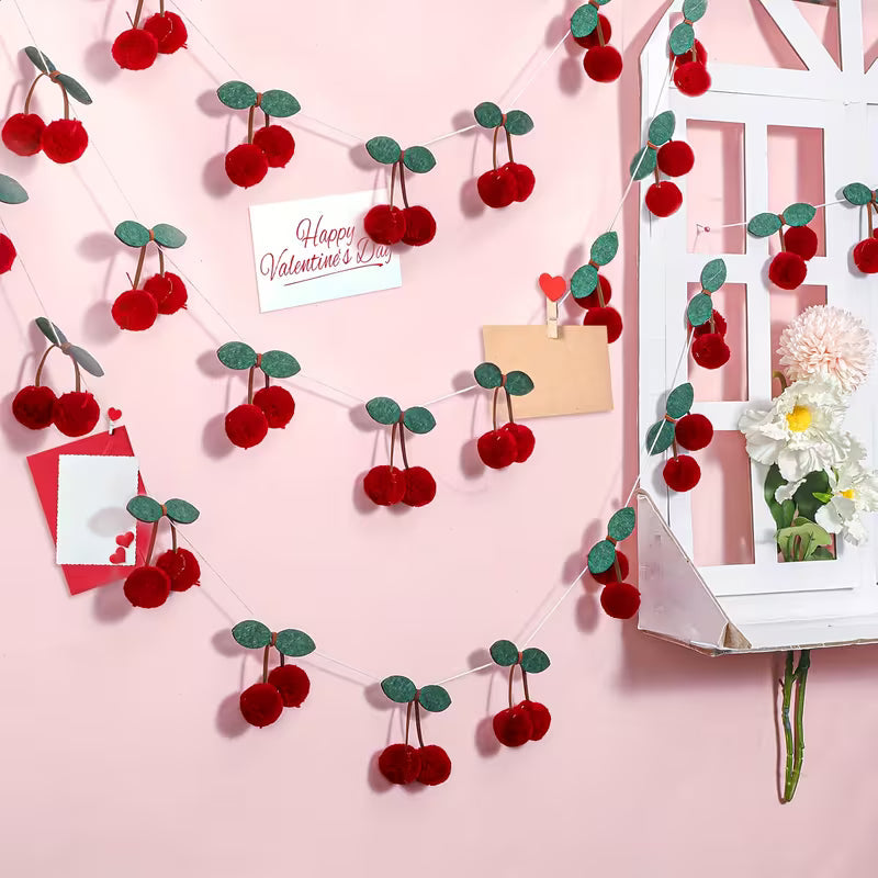 Pcs Cherry Garland Decor Valentine's Day Cherries Party Decoration Mother's Day Pompom Felt Bunting