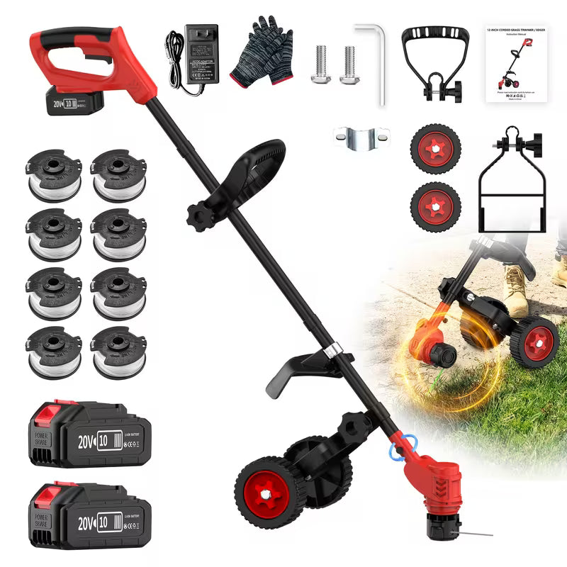 12-Inch 3-in-1 Cordless Electric Grass Trimmer 90° Rotating Head, Automatic Line Feed, 20