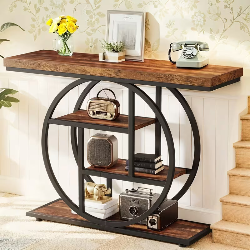 Rustic Modern 41.3" Console Table with 4-Tier Storage Shelves