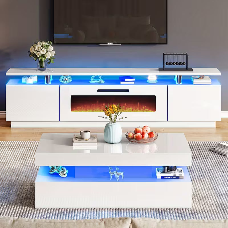 High Gloss LED Coffee Table, Modern 2-Tier Center Table with LED Lights, Open Storage Space