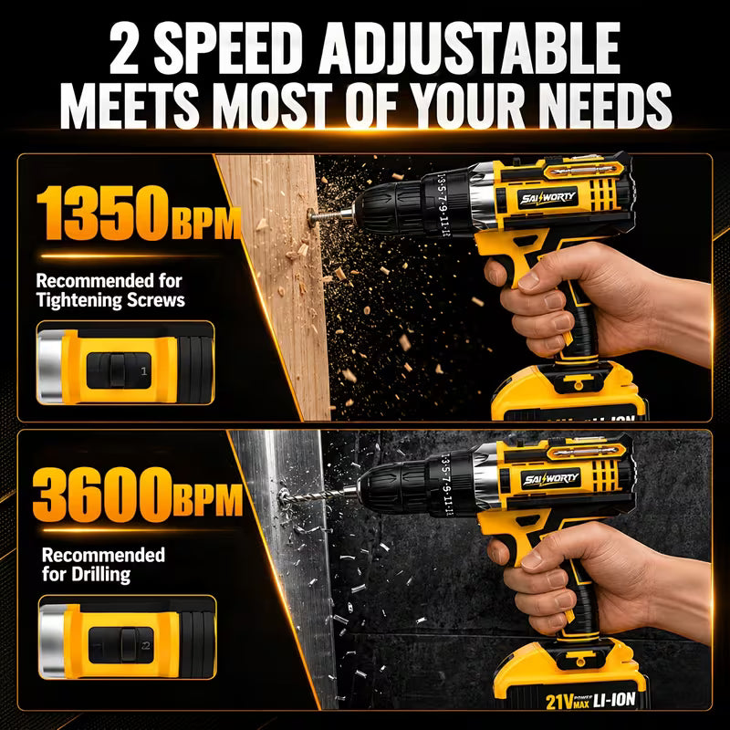 21V Cordless Drill Kit with Tool Box, Rechargeable Power Drill Set with 2*2.0AH Battery