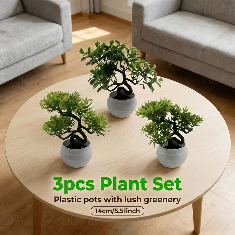 3 Pots - Artificial Fresh Green Plant Pots - Includes White Plastic Pots, Perfect for Indoor