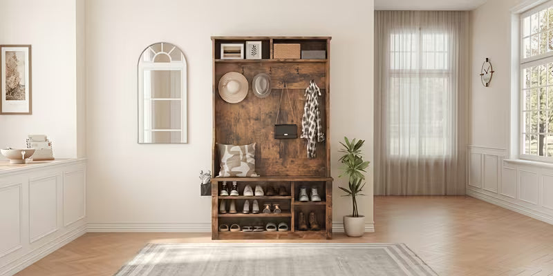 Asofer Hall Tree with Storage Bench, 3-in-1 Entryway Coat Rack & Shoe Bench