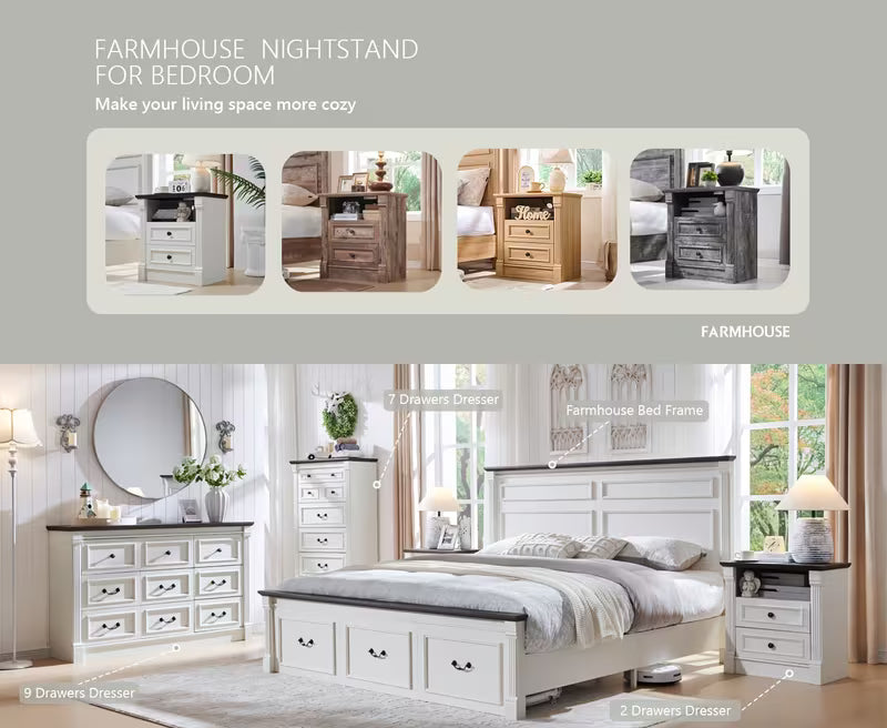 26" Farmhouse Bedside Cabinet with Charging Station & 2-Drawer Storage