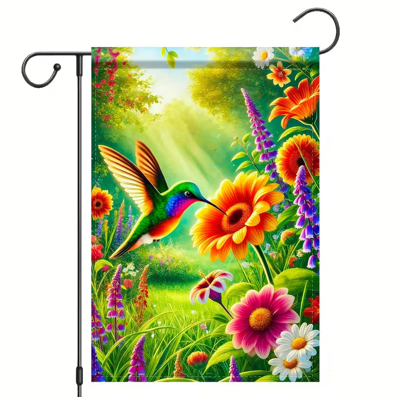 1pc Vibrant Hummingbird Garden Flag - Polyester Outdoor Decor with Colorful Flowers