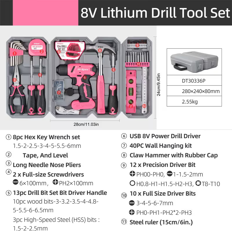 Women's 8V USB Rechargeable Cordless Drill & Tool Kit Set Electric Power Drill Driver with Compact