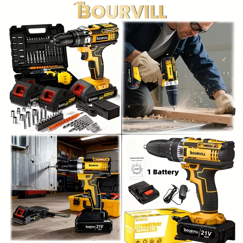 BOURVILL 21V Cordless Impact Drill Set, Wireless Drill Set, Household Power Tool Set