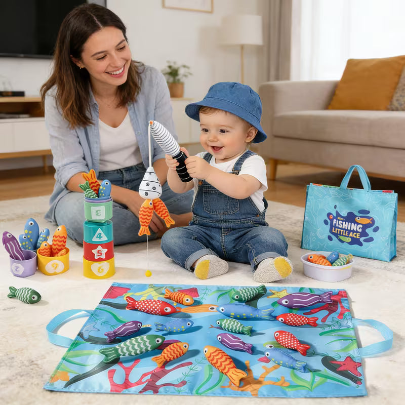 Fishing Toy Set: 2 Fishing Rods + 18 Fish + 6 Stacking