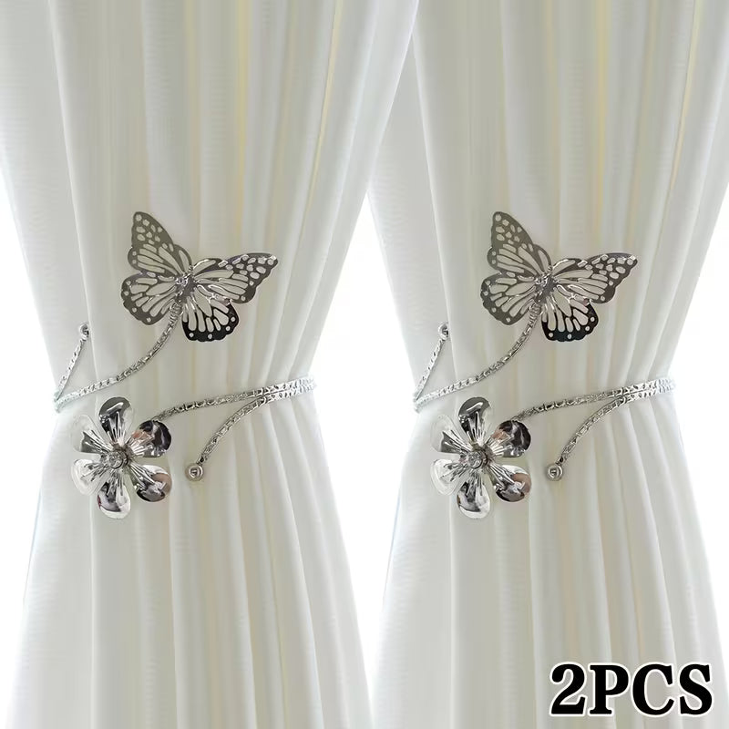 2pcs Modern Golden & Silvery Butterfly & Floral Metal Curtain Ties