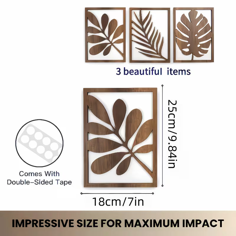 2D Flat 3pcs Set of Wooden Leaf Wall Sculptures, Natural Inspiration Large Wall Art, Easy