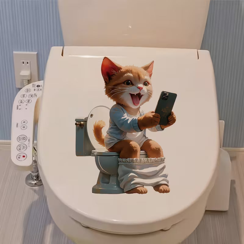 Funny Cat Selfie Toilet Sticker, Cute Cartoon Cat Bathroom Wall Decal, Kids Room Decor