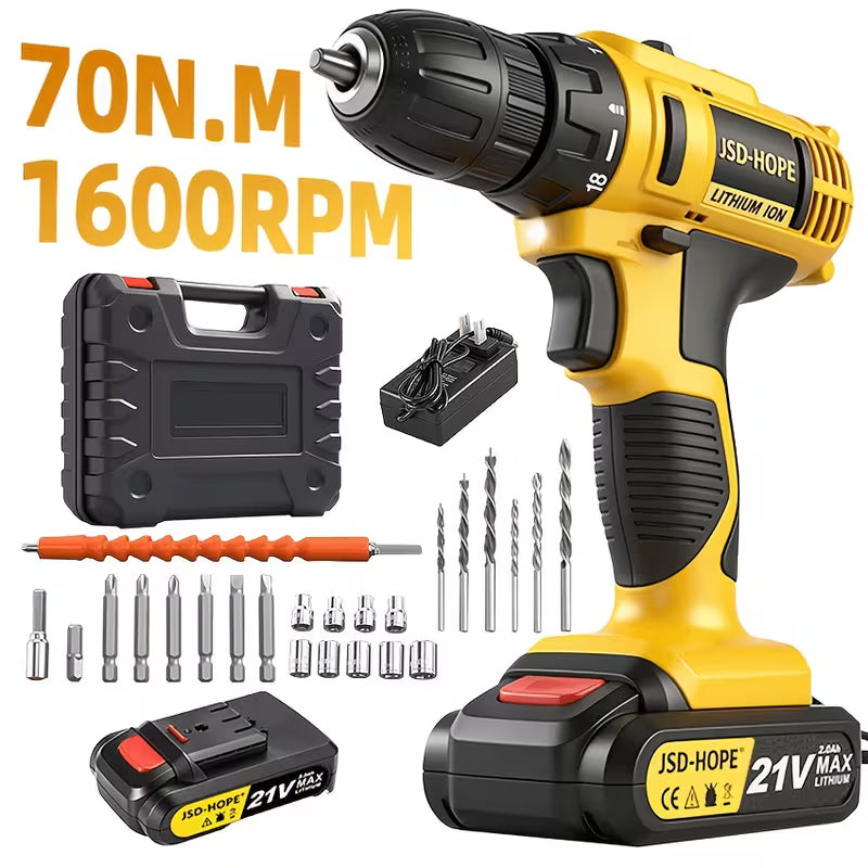 21V Yellow Cordless Impact Drill, 2.0Ah Large Capacity, Yellow
